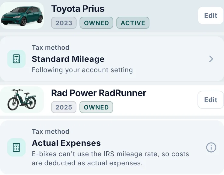 Two vehicle cards: 2023 Toyota Prius, tax method Standard Mileage, following the account setting; Rad Power RadRunner e-bike, tax method Actual Expenses, because e-bikes cannot use the IRS mileage rate. Example inputs.