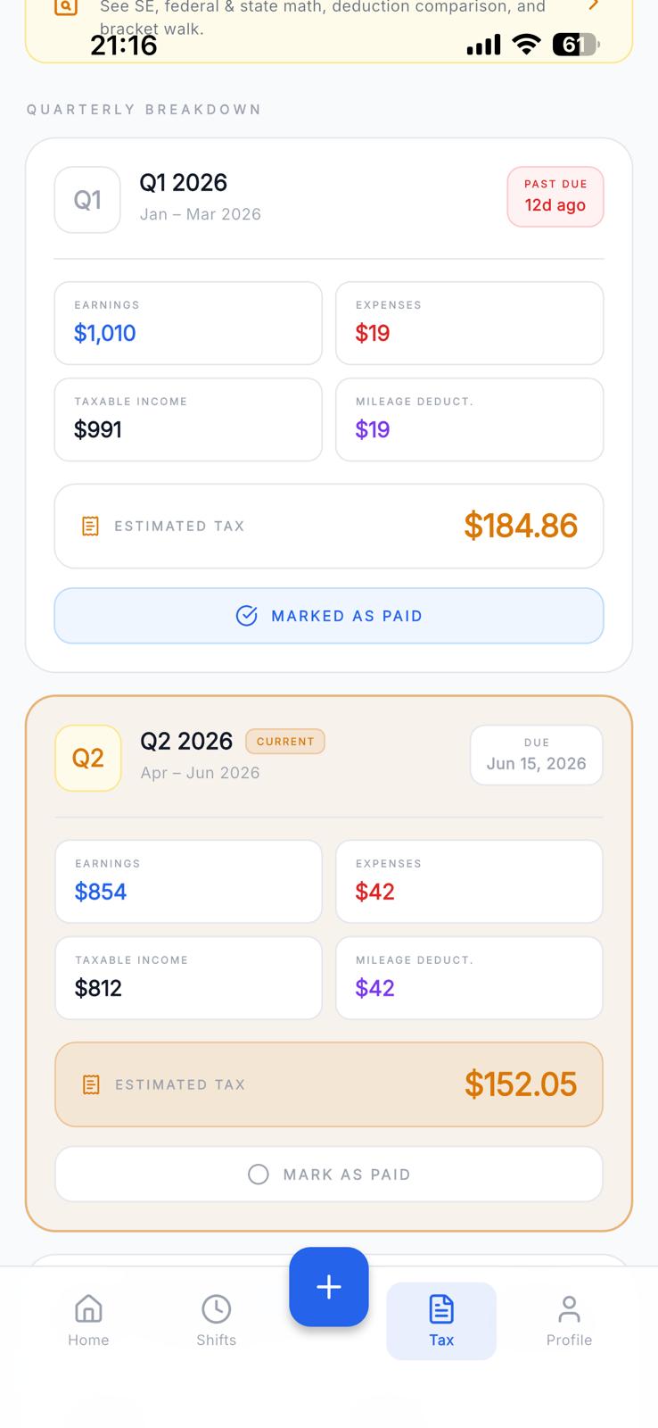 Net earnings home screen
